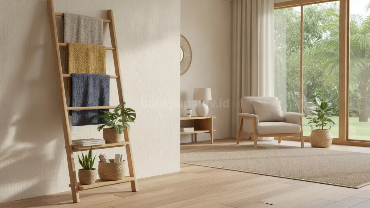 Decorative Ladder Rack kayu menata selimut dan dekorasi dengan tampilan modern yang rapi.  (BTV/AI)