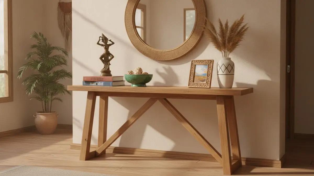 Dekorasi berlapis dengan tinggi berbeda menghadirkan dimensi visual, membuat meja entryway tampak dinamis, elegan, dan menarik. (BTV/AI)
