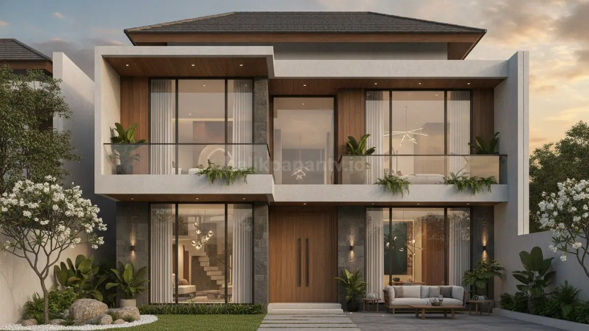 Desain rumah 3 lantai modern dengan fasad elegan dan tata ruang fungsional untuk keluarga. (BTV/Ai)