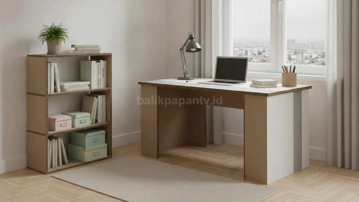 DIY meja belajar dari kardus dengan rak buku sederhana, cocok untuk ruang belajar minimalis di rumah.
