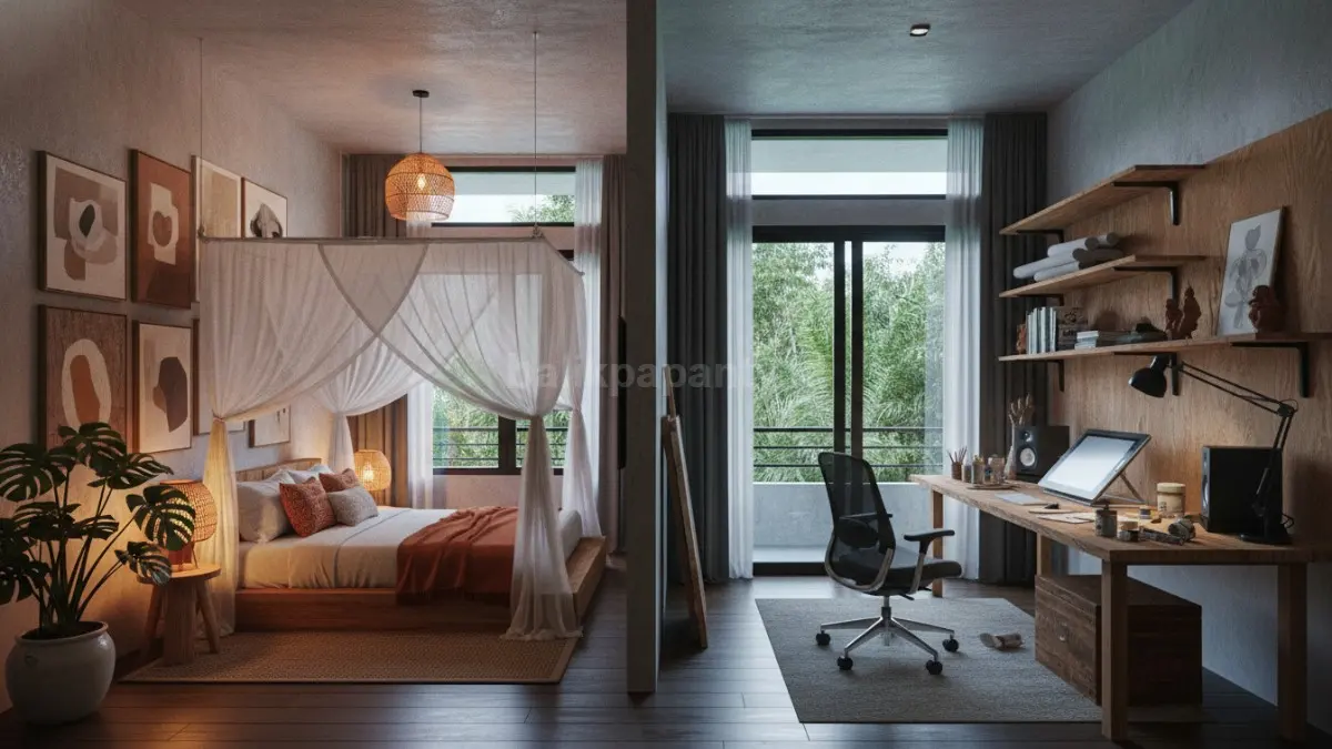 Dual Lighting Studio Room memakai dua pencahayaan berbeda membedakan zona tidur dan area kerja kreatif jelas  (BTV/AI)