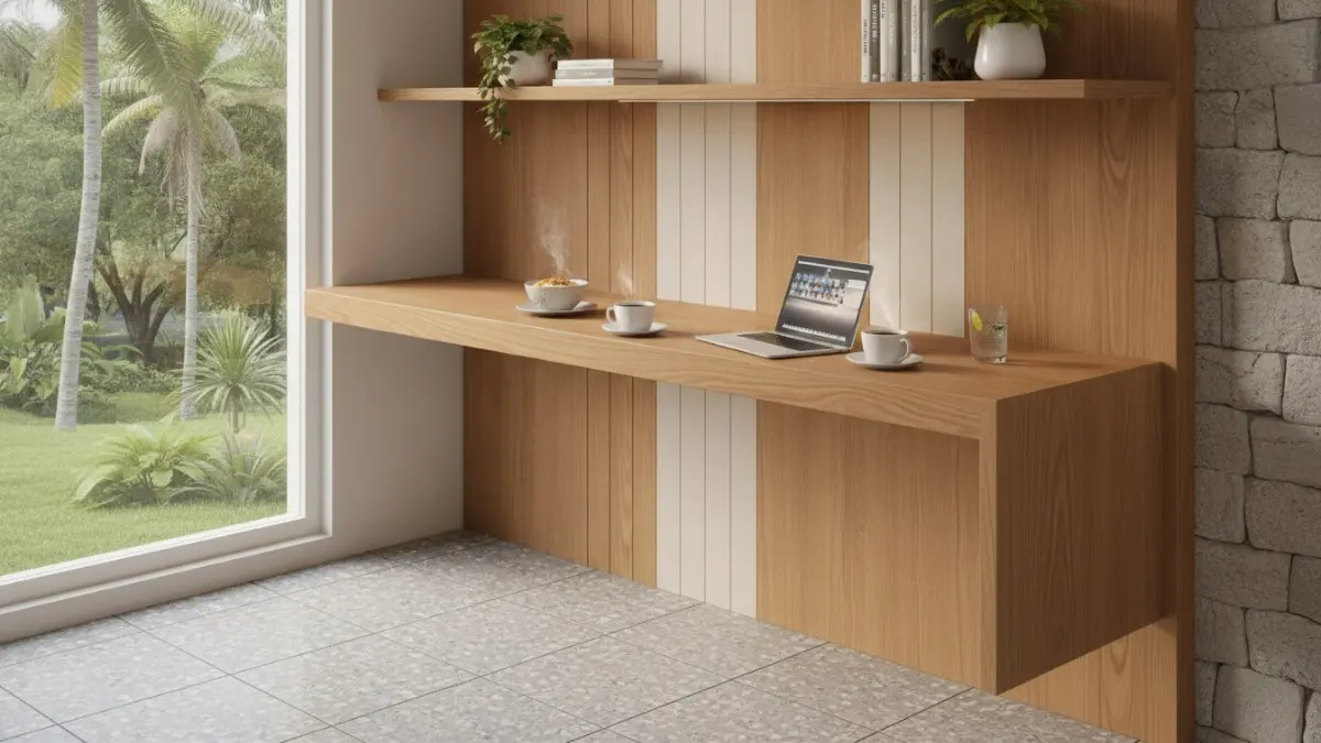 Floating breakfast bar minimalis menghadirkan ruang lega, tampilan bersih, ideal untuk sarapan cepat maupun bekerja singkat. (BTV/AI)
