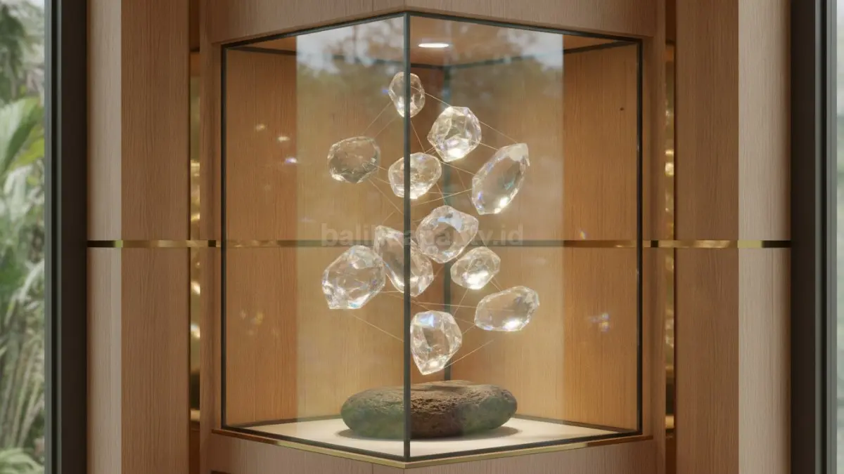 Floating Crystal Display menampilkan kristal tampak melayang dengan teknik transparan menghadirkan efek visual modern elegan  (BTV/AI)