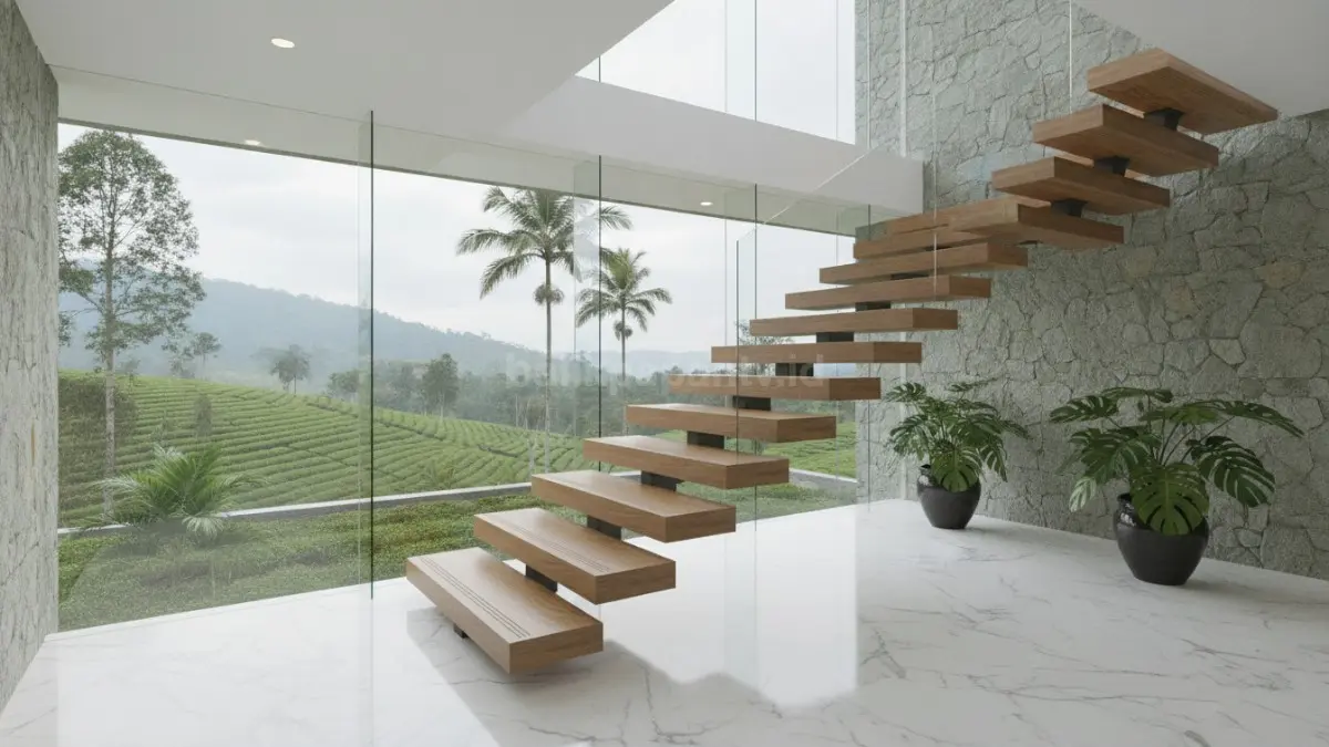 Floating staircase design modern dengan pencahayaan alami yang membuat ruang terasa luas dan elegan.  (BTV/AI) 