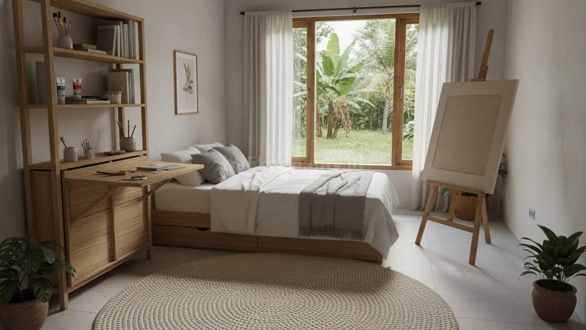 Foldable Workspace Bedroom menghadirkan peralatan kerja lipat dan mudah disimpan menjaga ruang tetap lega nyaman  (BTV/AI)