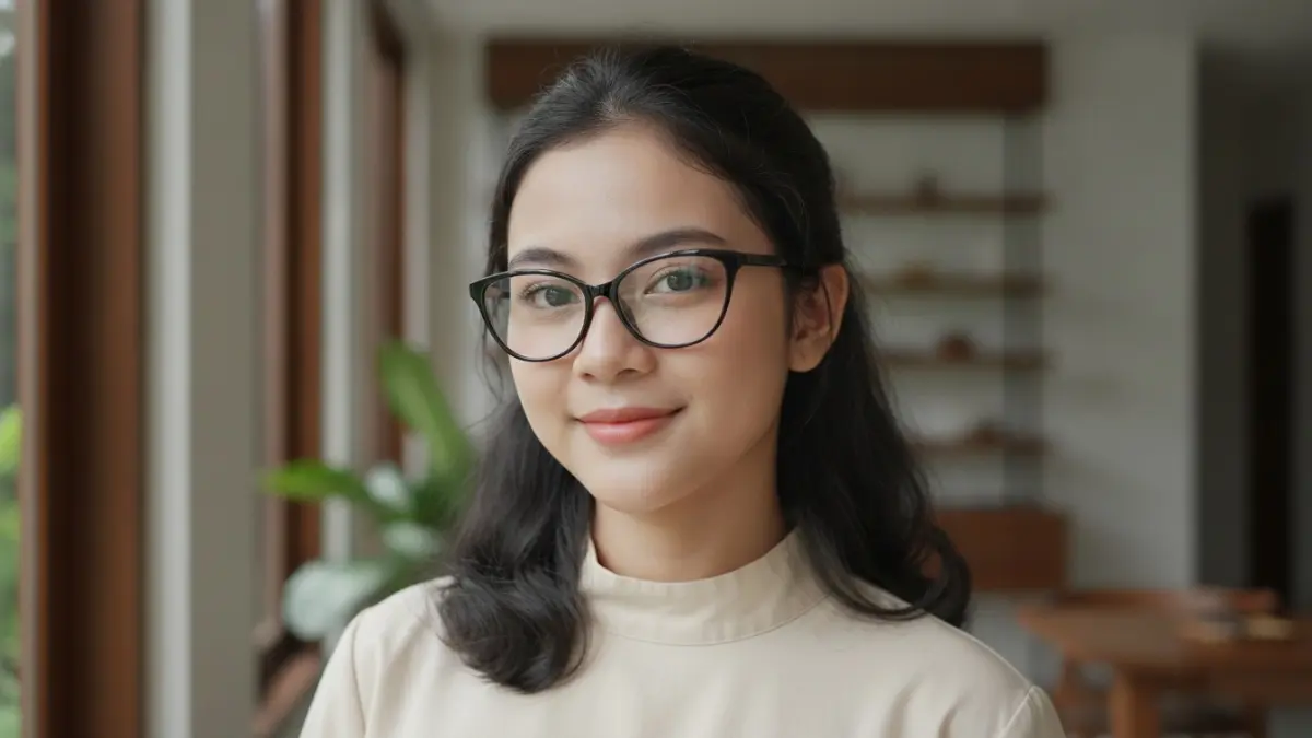 Frame cat-eye mempertegas wajah oval, menghadirkan kesan elegan, ekspresif, modis, dan proporsi wajah tetap seimbang. (BTV/AI)
