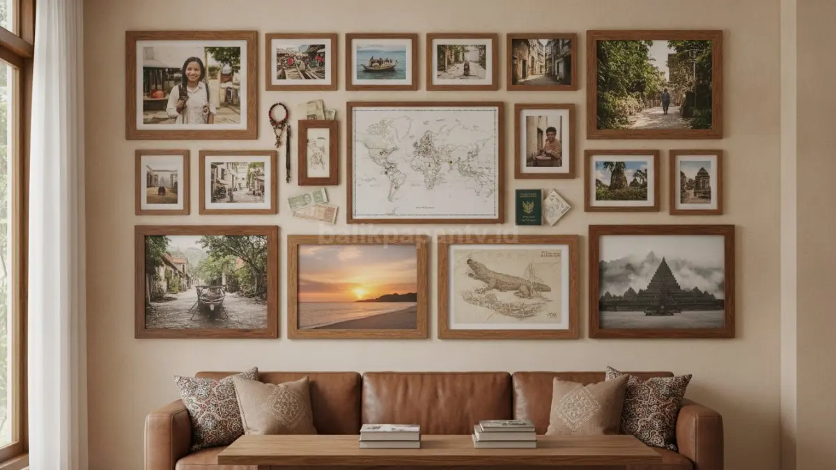 Gallery wall bertema perjalanan memadukan foto, ilustrasi, dan kenangan untuk menghadirkan ruang penuh cerita.  (BTV/AI)