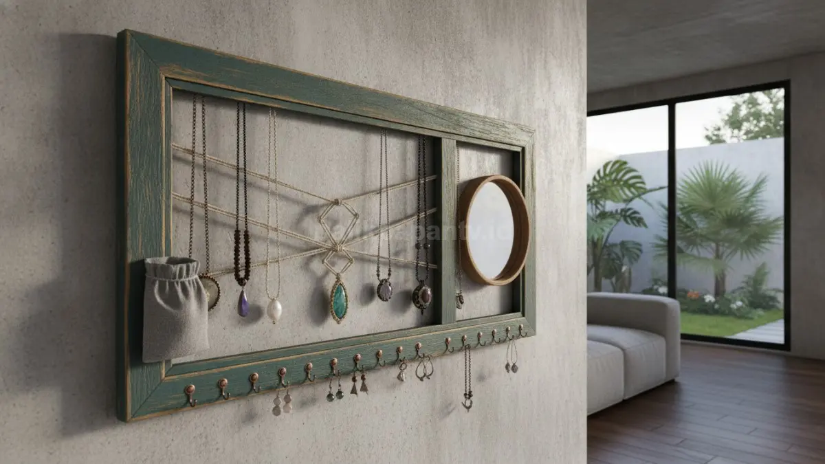 Gantungan kalung dari bingkai foto bekas dengan desain dekoratif multifungsi.

