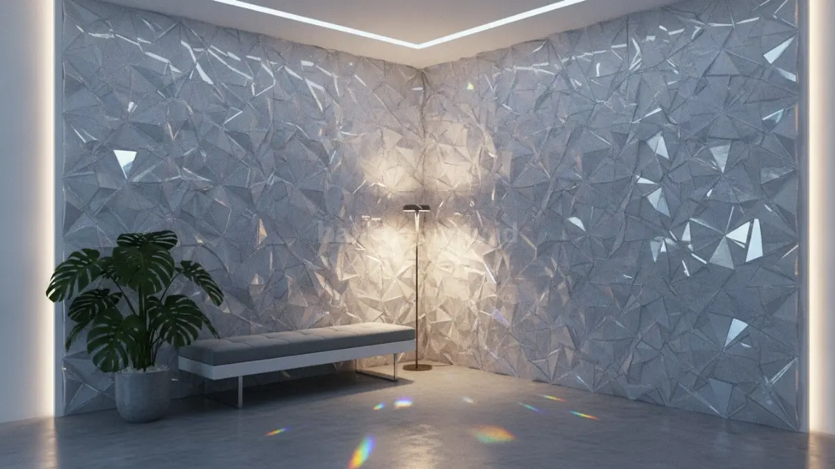Geometric Crystal Wall menampilkan pola geometris modern menciptakan efek futuristik elegan pada sudut ruang minimalis  (BTV/AI)