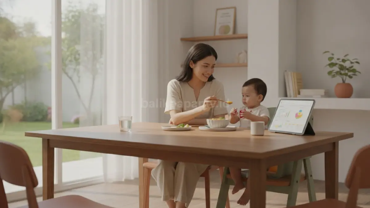 Ilustrasi MPASI modern dengan menu seimbang protein, sayur, dan karbohidrat untuk bayi usia 6–24 bulan. (BTV/Ai)