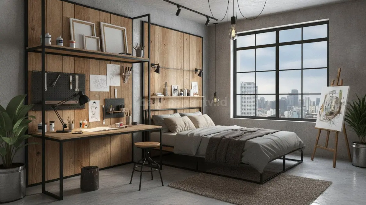 Industrial Creative Bedroom menggunakan besi ringan dan kayu menciptakan suasana studio seni profesional modern elegan  (BTV/AI)