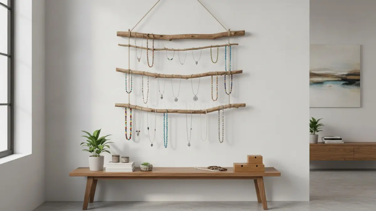 Inspirasi organizer kalung dari ranting kayu yang estetik dan hemat biaya.
