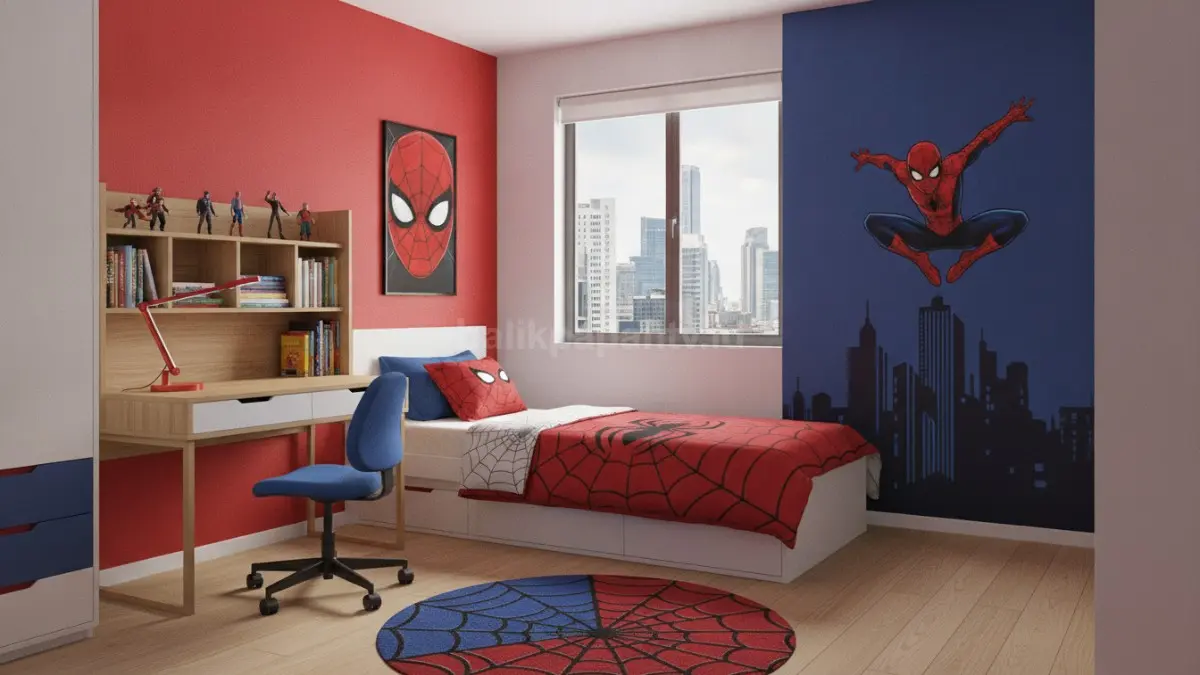 Kamar anak laki-laki tema Spiderman dengan perpaduan warna merah biru dan area belajar yang rapi.
