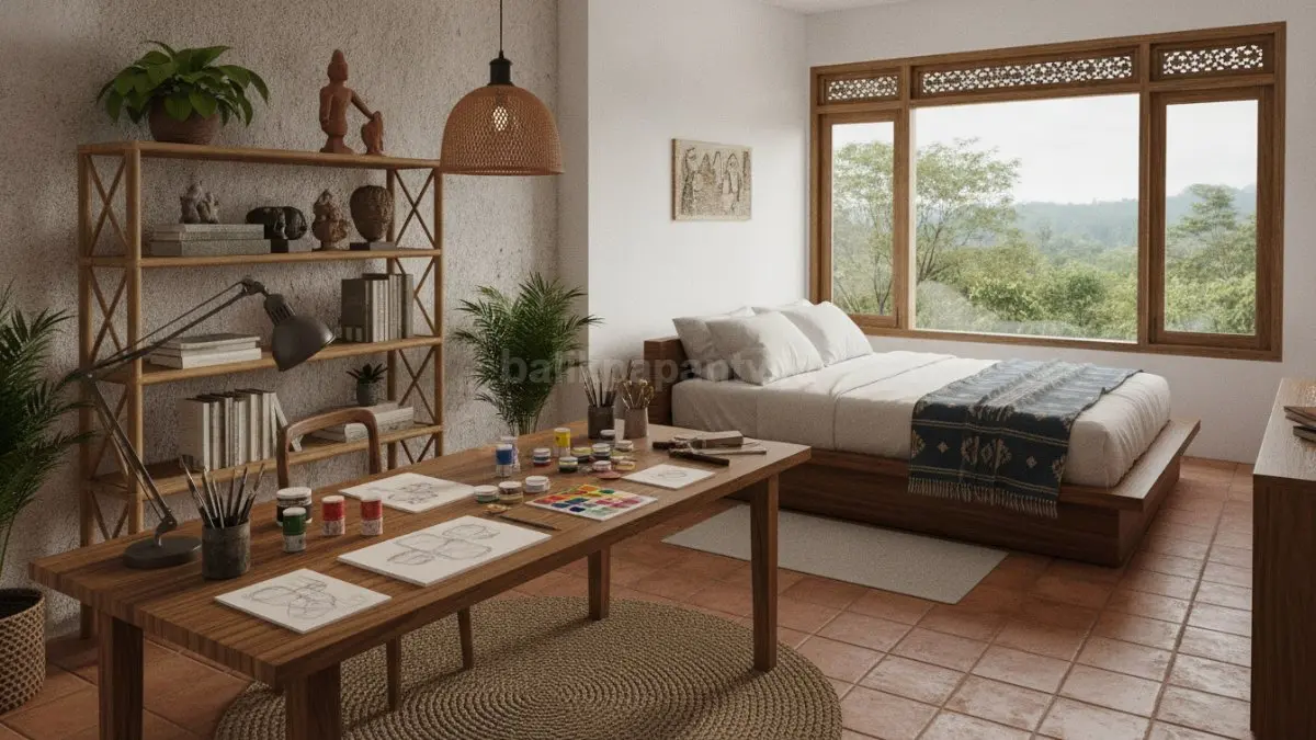 Kamar Art Studio Bedroom dengan meja kerja kreatif dan tempat tidur minimalis modern  (BTV/AI)