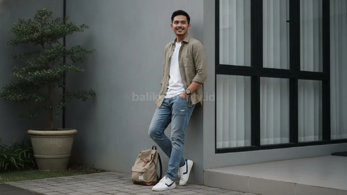 Kombinasi sneakers, jeans, dan kemeja tipis untuk hangout sederhana yang menarik.
