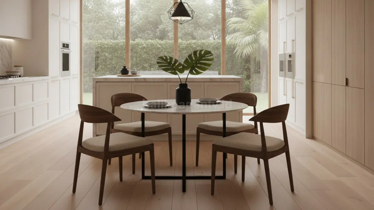 Kursi makan modern dengan desain elegan menghadirkan ruang makan yang nyaman dan berkelas. (BTV/Ai)