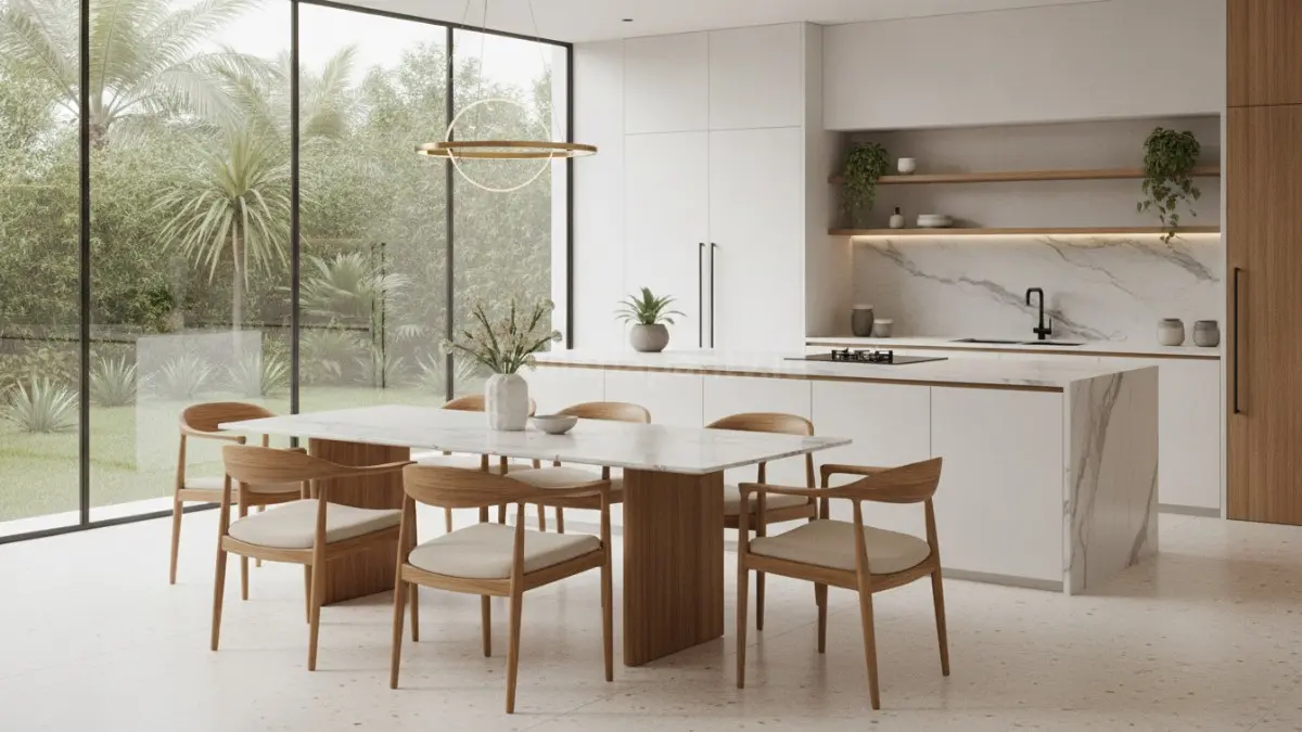Kursi makan sandaran lengkung memberikan kenyamanan ergonomis sekaligus menghadirkan tampilan lembut dan hangat pada ruang makan. (BTV/Ai)
