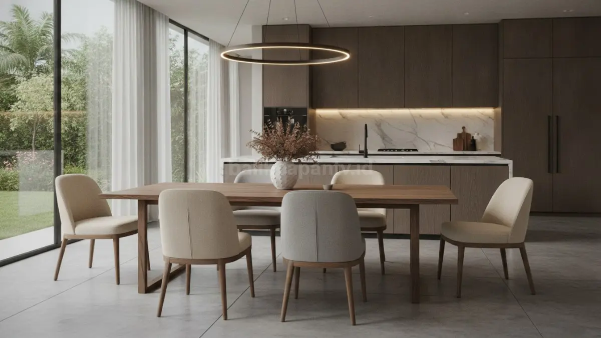 Kursi makan upholstery warna netral menghadirkan nuansa elegan, hangat, dan mudah dipadukan dengan berbagai interior ruang makan. (BTV/Ai)
