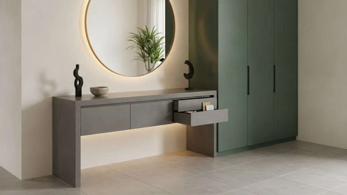 Laci tersembunyi pada meja entryway menjaga area foyer tetap rapi, fungsional, bersih, dan elegan setiap hari. (BTV/AI)

