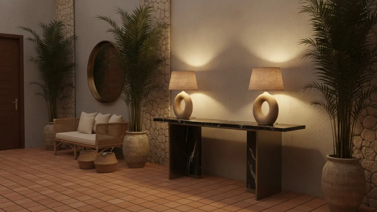 Lampu meja sculptural menghadirkan pencahayaan lembut, menciptakan suasana hangat, elegan, dan menyambut sejak memasuki rumah. (BTV/AI)
