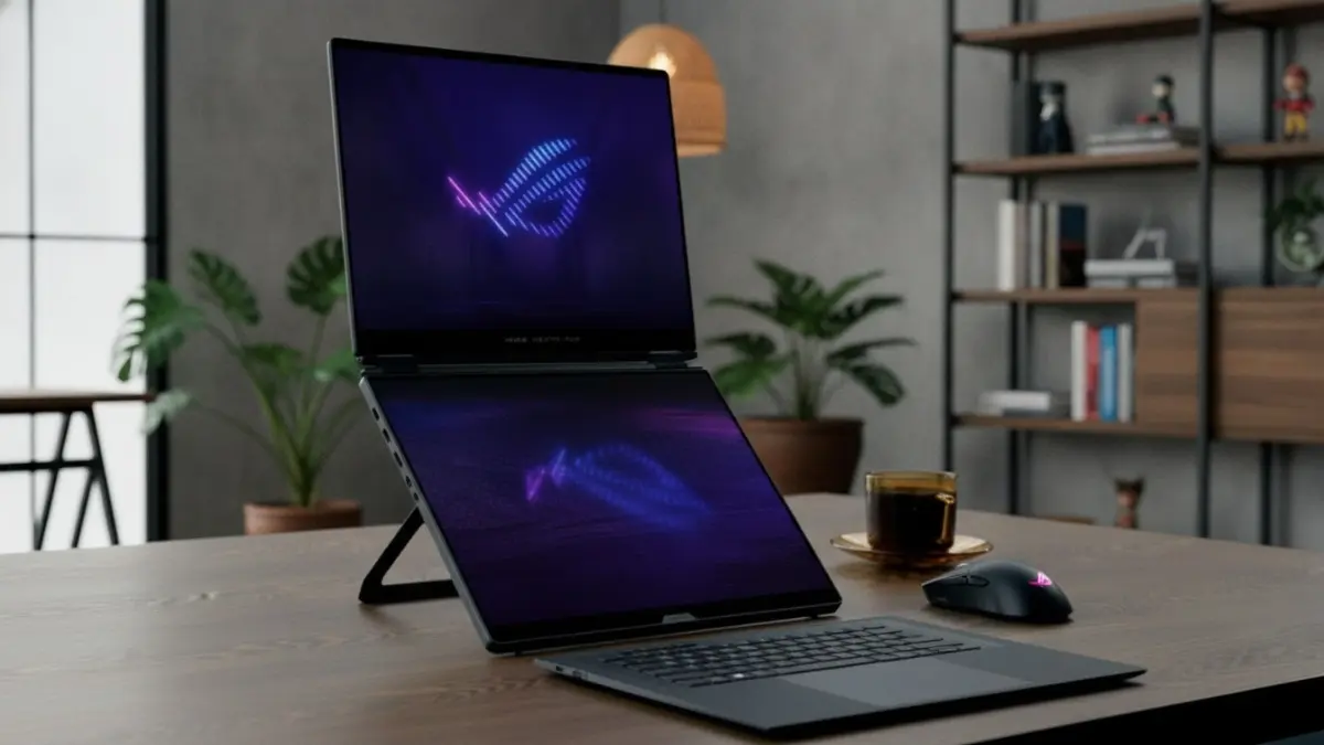 Laptop gaming dua layar ROG Zephyrus Duo GX651A dengan desain futuristik dan performa tinggi RTX 5090. (BTV/AI)