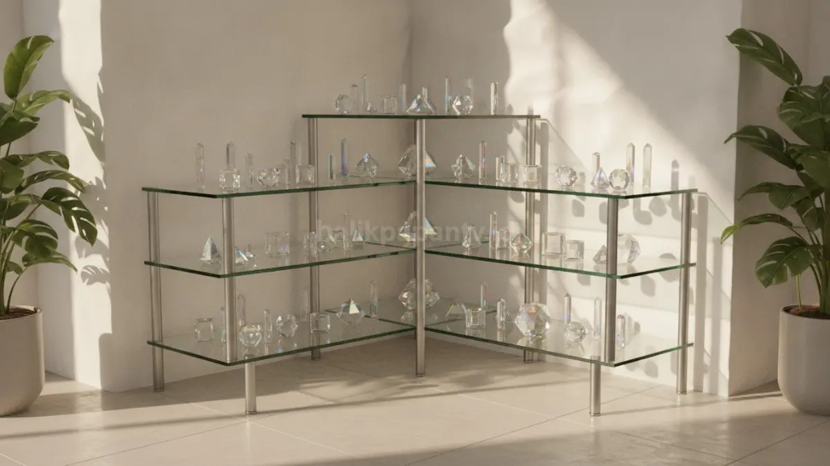 Layered Crystal Shelf menghadirkan rak bertingkat kaca dan kristal kecil menciptakan kedalaman visual modern elegan  (BTV/AI)