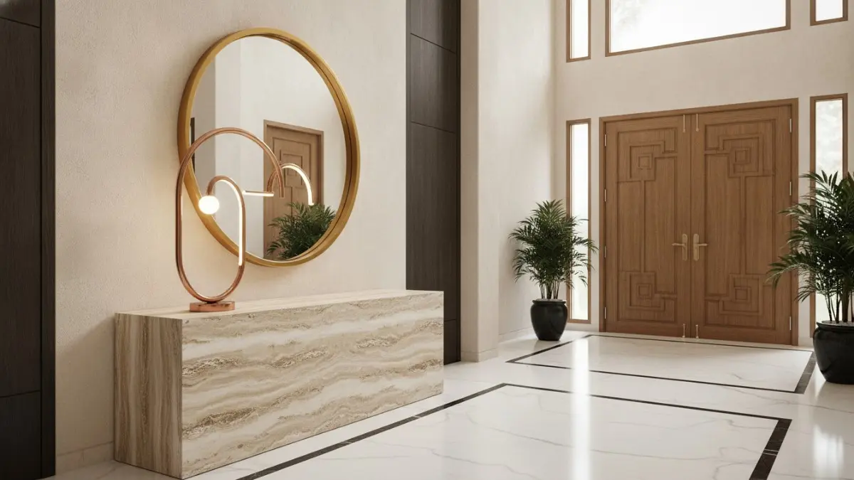 Luxury entryway design 2026, lampu artistik, dan cermin yang menciptakan kesan mewah sejak pintu masuk. (BTV/AI)