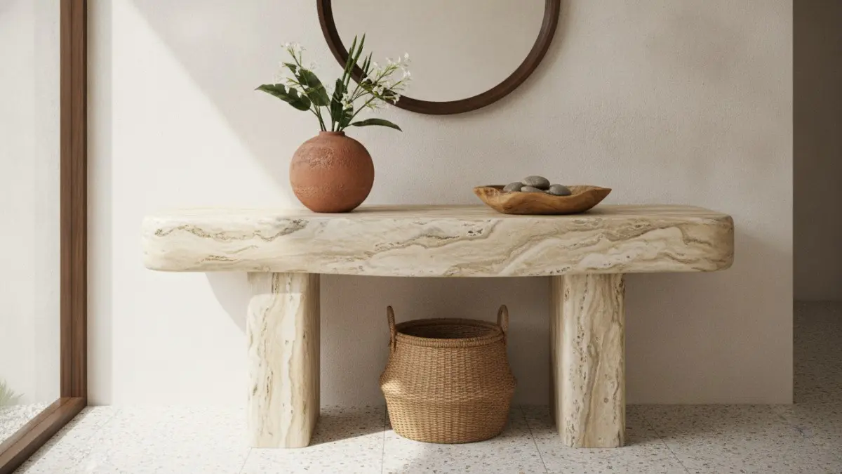 Meja entryway batu alam organik menghadirkan travertine elegan, siluet melengkung, menciptakan kesan hangat, modern, dan eksklusif. (BTV/AI)
