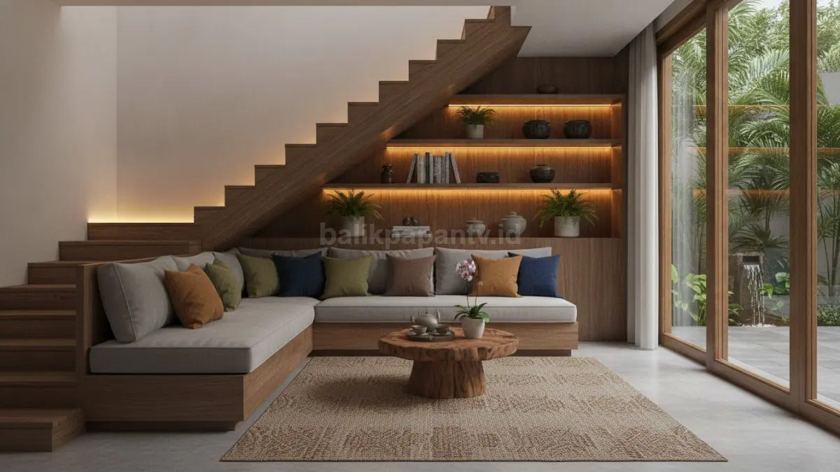 Mini sofa santai keluarga pada ruang bawah tangga menghadirkan area duduk nyaman dan efisien modern  (BTV/AI)