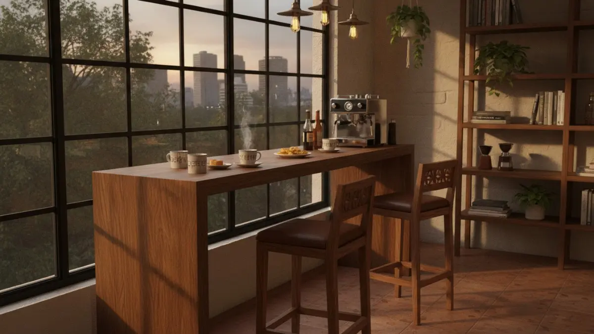 Model bar tinggi ala kafe menghadirkan suasana coffee shop di rumah, cocok untuk santai dan menerima tamu ringan. (BTV/AI)
