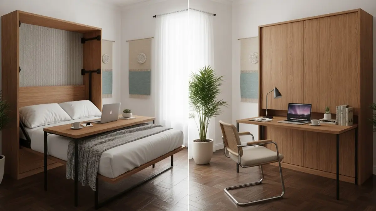 Murphy bed dengan meja kerja lipat menghadirkan ruang multifungsi, ideal untuk pekerja remote di hunian kecil. (BTV/AI)
