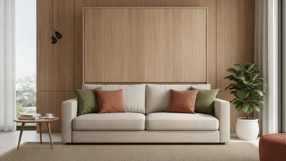 Murphy bed dengan sofa terintegrasi menghadirkan ruang tamu multifungsi, nyaman siang hari dan praktis saat malam. (BTV/AI)
