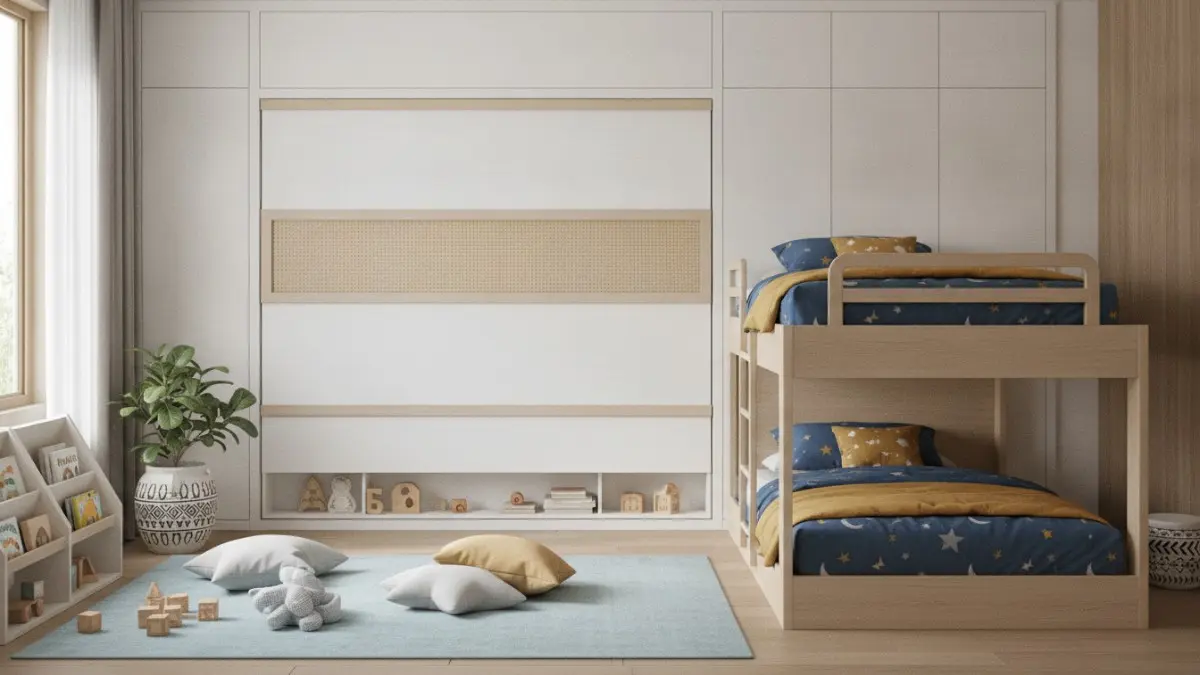 Murphy bed hidden cabinet system menyembunyikan ranjang di balik kabinet, menghadirkan tampilan modern, rapi, dan elegan. (BTV/AI)
