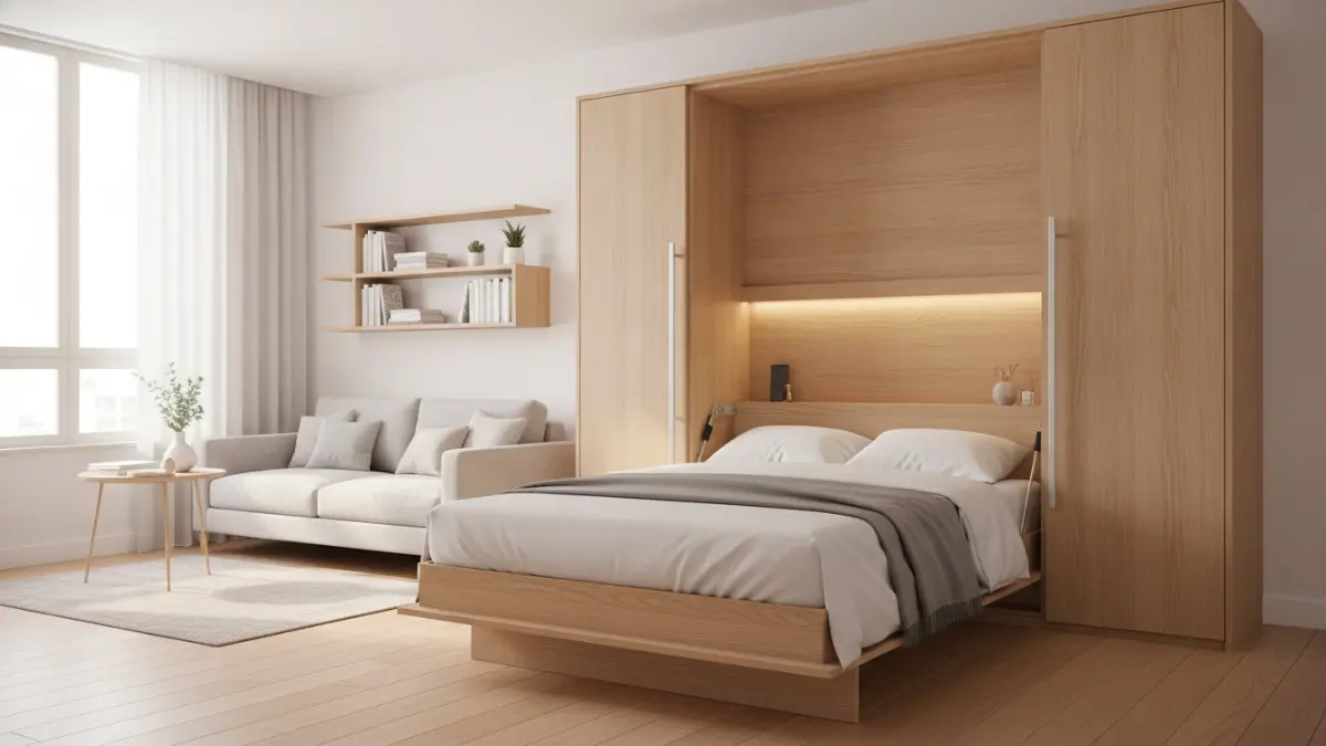 Murphy bed lipat vertikal minimalis menyatu dengan dinding seperti lemari, ideal untuk apartemen studio ruang terbatas. (BTV/AI)
