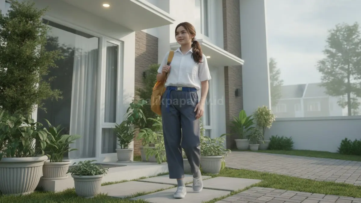 Pelajar mengenakan school fit anti gerah dengan tampilan rapi dan nyaman untuk aktivitas harian.
