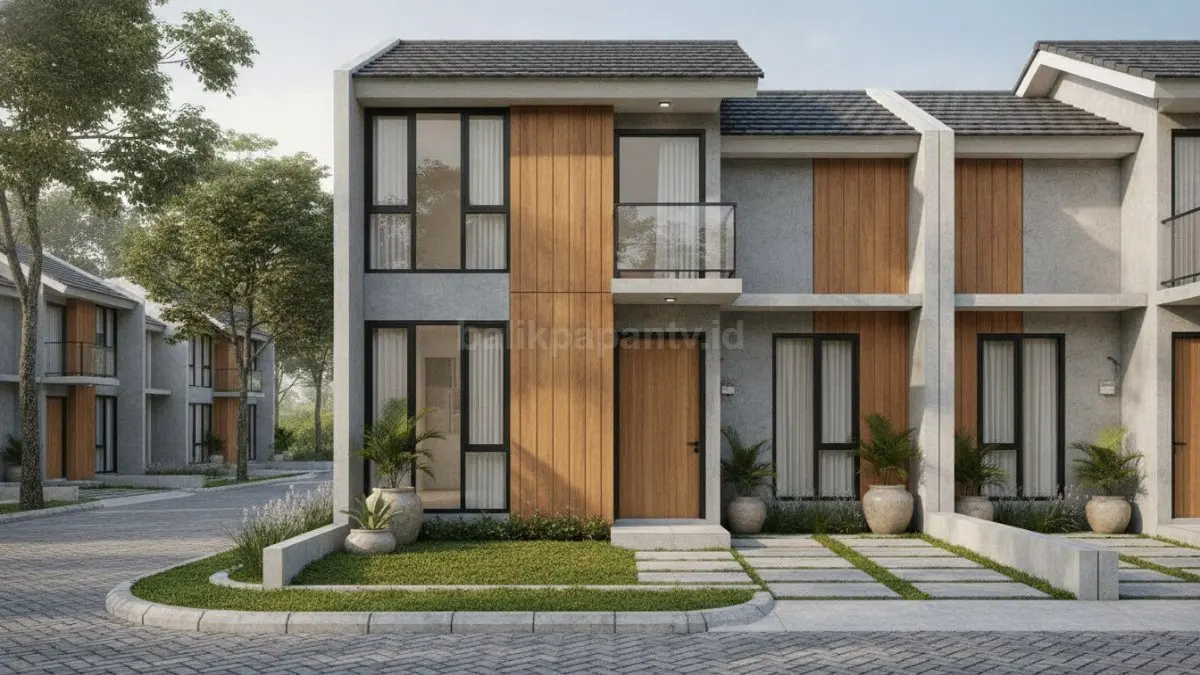 Perumahan minimalis modern dengan desain rapi dan tata ruang efisien di kawasan urban Indonesia. (BTV/Ai)