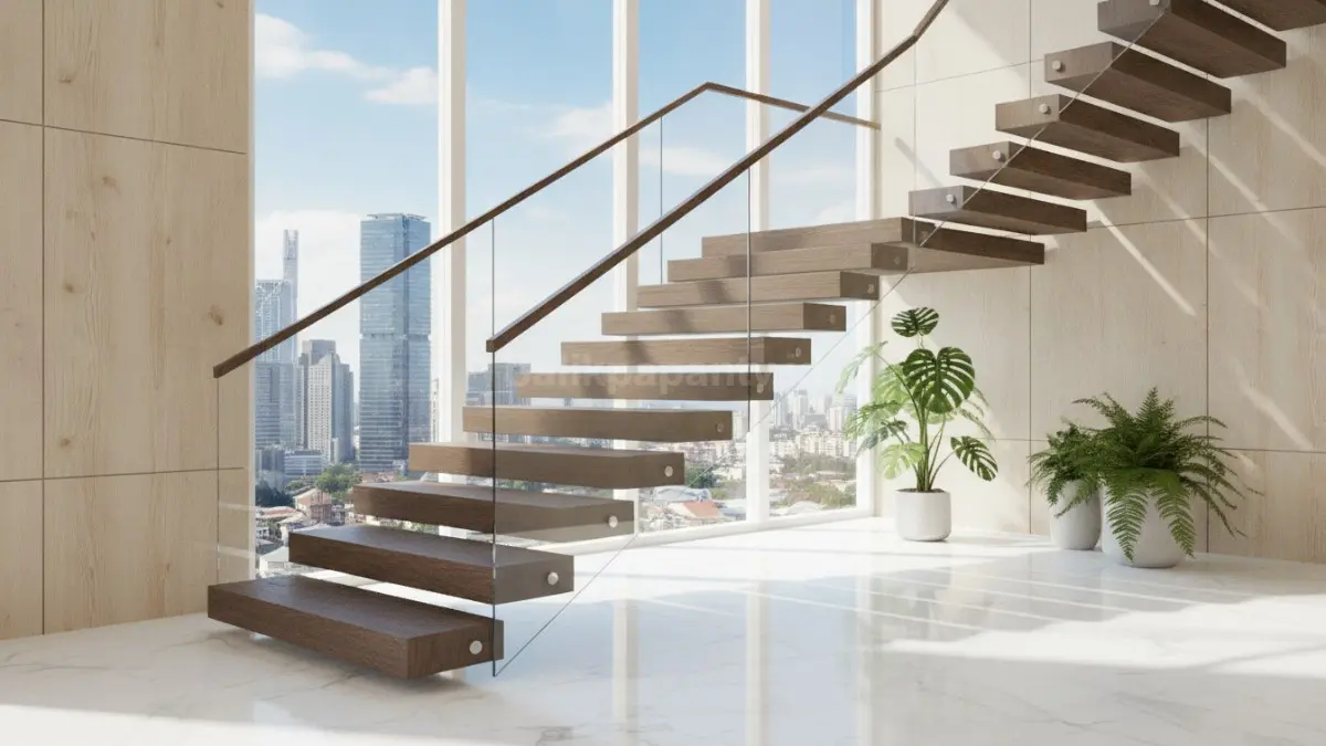 Railing kaca transparan membuat tangga melayang terlihat elegan, terang, aman, dan lapang maksimal.  (BTV/AI)