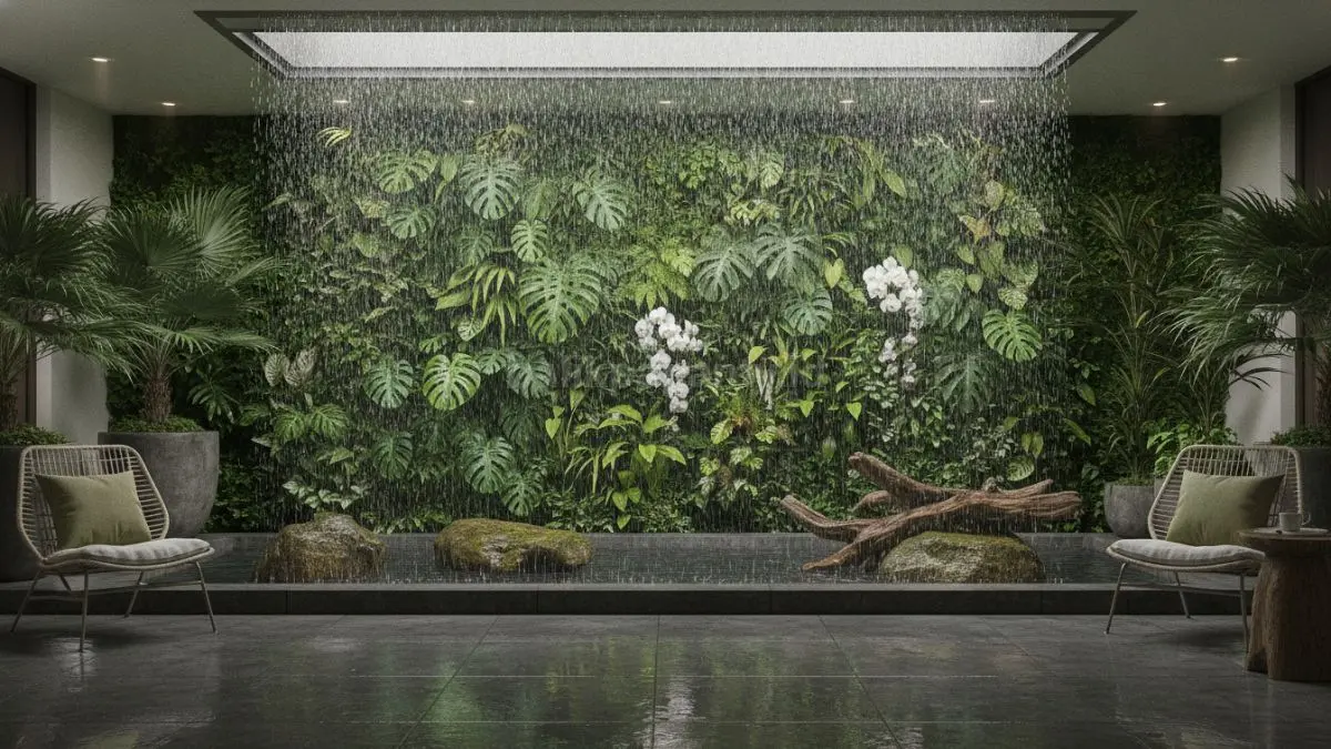 Rain curtain vertical garden menghadirkan tirai hujan tipis di depan dinding tanaman vertikal untuk ruang modern.  (BTV/AI)