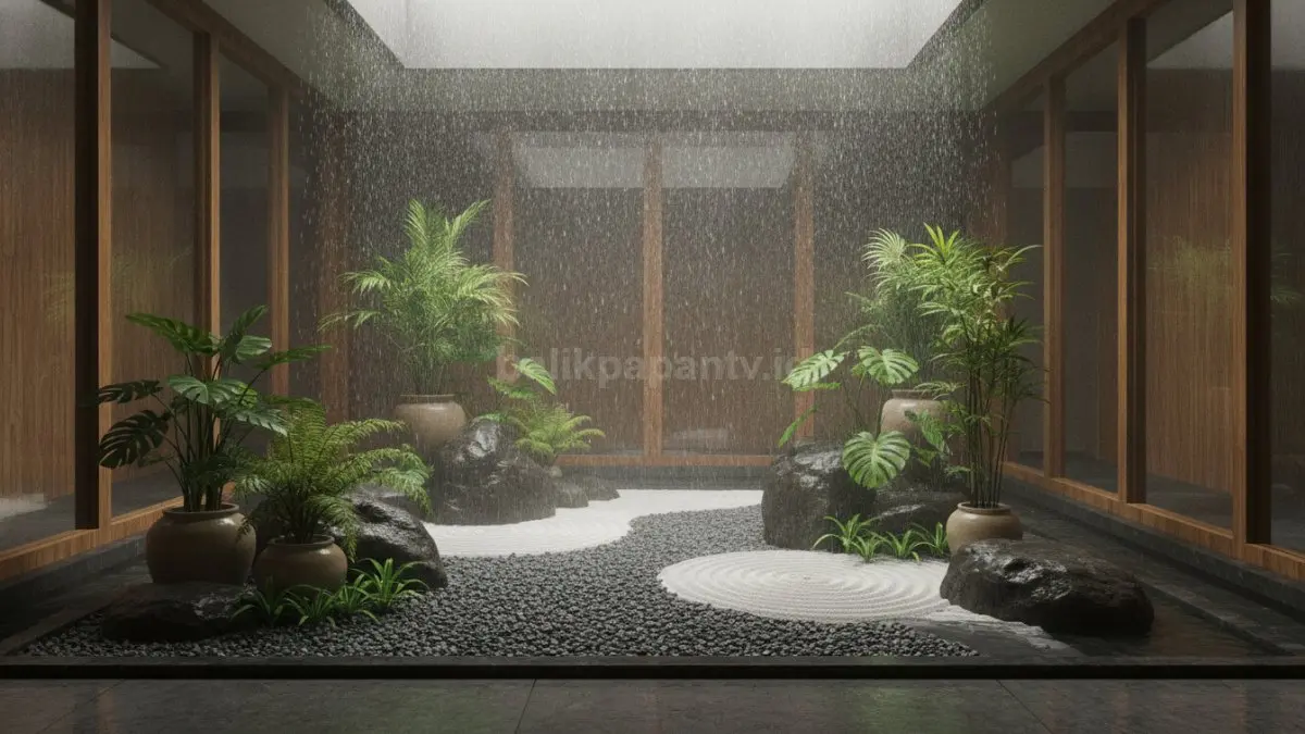 Rain Indoor Zen Garden menghadirkan taman minimalis dengan hujan lembut, batu, pasir, dan tanaman untuk suasana meditasi.  (BTV/AI)