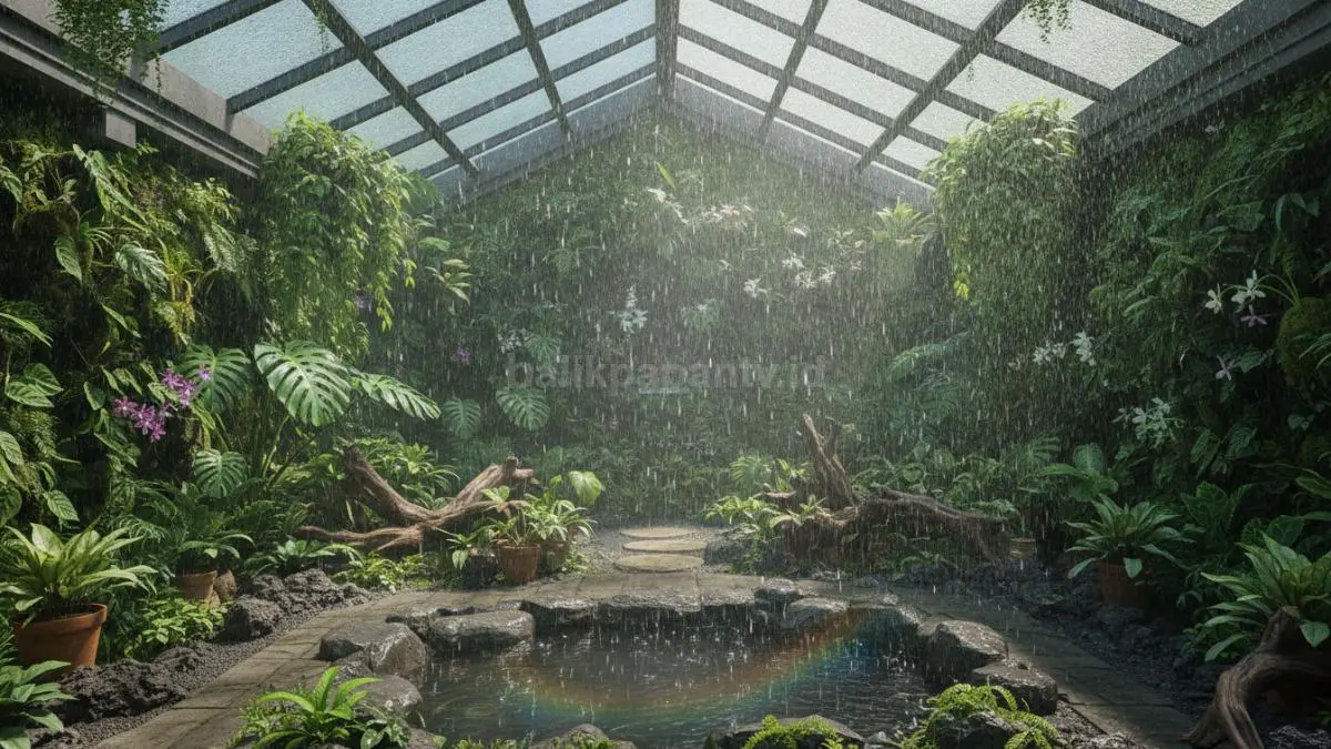 Rain Mist Garden Hybrid menggabungkan kabut air dan hujan lembut untuk kelembapan stabil ruang hijau modern.  (BTV/AI)
