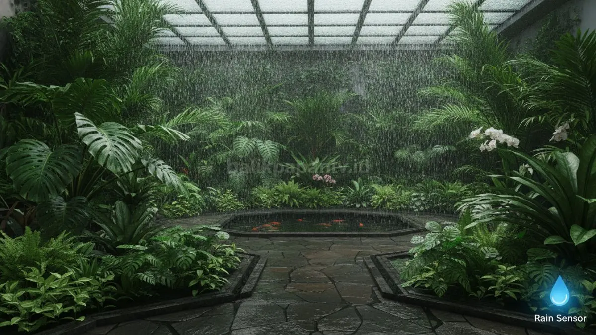 Rain Sensor Garden otomatis menyesuaikan hujan berdasarkan kelembapan ruang untuk efisiensi air dan pertumbuhan tanaman stabil.  (BTV/AI)