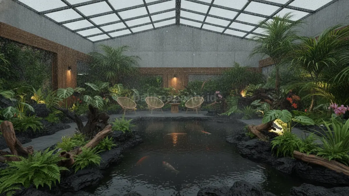 Rain Shower Garden dengan efek hujan lembut di taman indoor modern.  (BTV/AI)