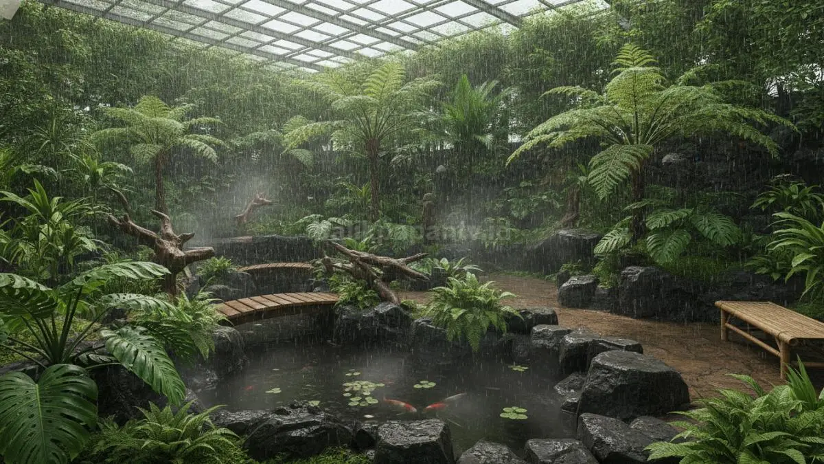 Rain Shower Tropis Indoor menghadirkan taman hijau lembap dengan efek hujan lembut terkontrol sensor modern dalam ruang rumah.  (BTV/AI)