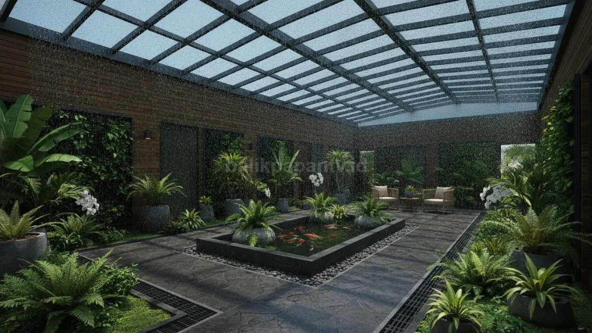 Rain Skylight Garden menghadirkan cahaya alami dan hujan terkontrol melalui atap transparan menciptakan suasana ruang natural modern.  (BTV/AI)