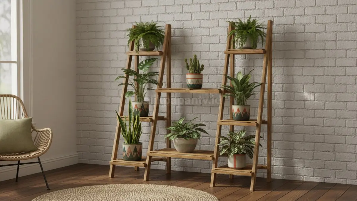 Rak tanaman indoor memanfaatkan ruang vertikal, menghadirkan nuansa hijau tanpa memenuhi lantai ruangan.  (BTV/AI)