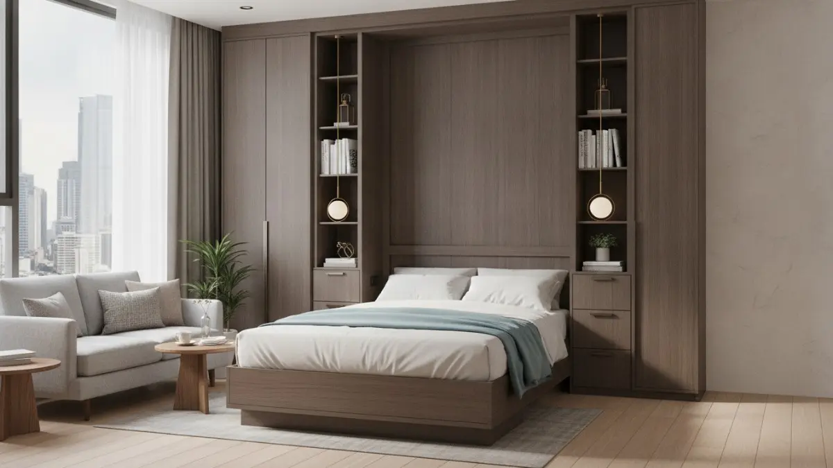 Ranjang Murphy modern lipat di apartemen minimalis dengan kabinet elegan, hemat ruang dan tampilan tetap rapi. (BTV/AI)
