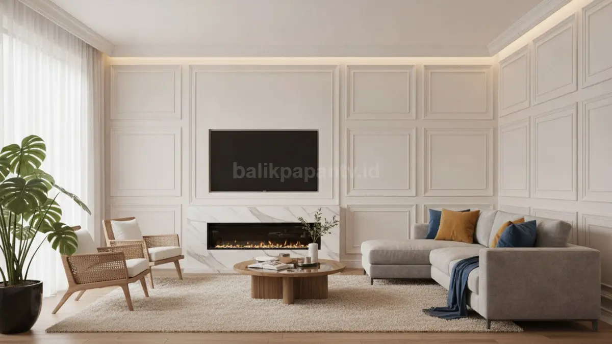 Ruang tamu minimalis dengan wall moulding elegan modern 2026 menampilkan desain interior bersih dan estetik