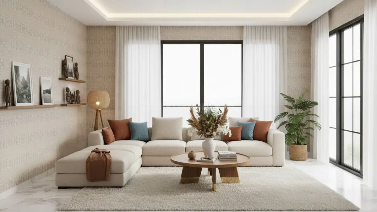 Ruang tamu modern dengan wallpaper vinyl tahan lembap dan pencahayaan natural. (BTV/Ai)