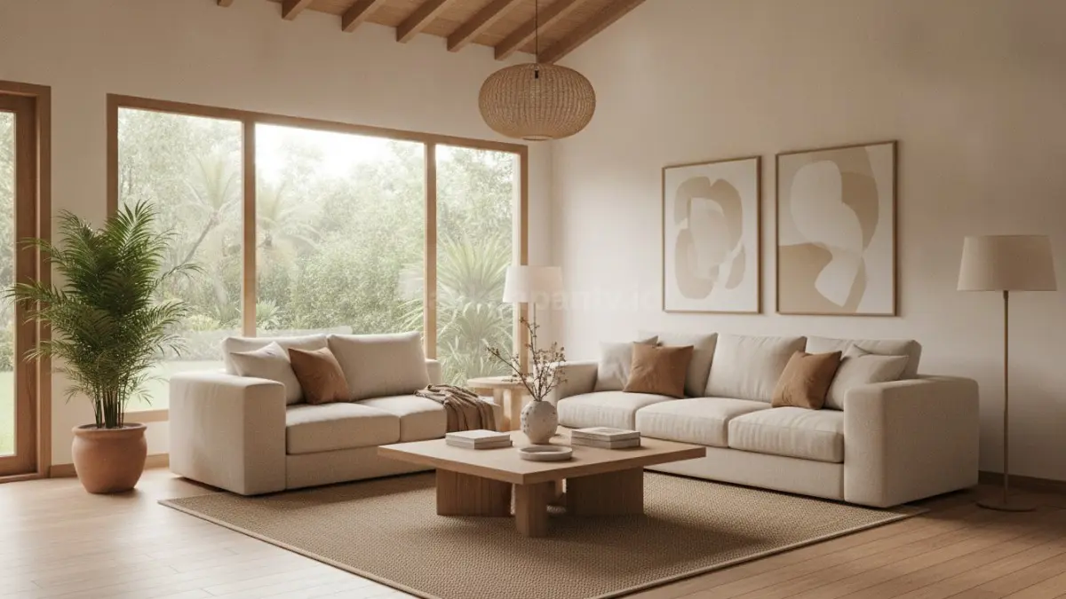 Ruang tamu soft minimalism warna beige dengan cahaya alami hangat (BTV/Ai)