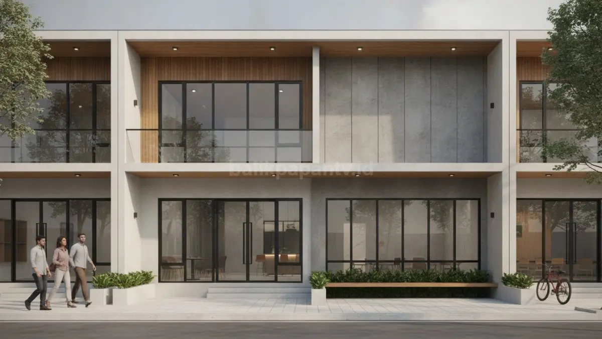 Ruko minimalis 2 lantai modern dengan fasad elegan dan area usaha yang fungsional. (BTV/Ai)